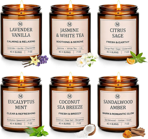6-Pack Scented Soy Candle Set – Lavender Vanilla, Eucalyptus, Sandalwood, Jasmine & White Tea, Coconut, Sage | Natural Soy Wax Spring Summer Aromatherapy Candles for Home, Vacation, Relaxation & Spa
