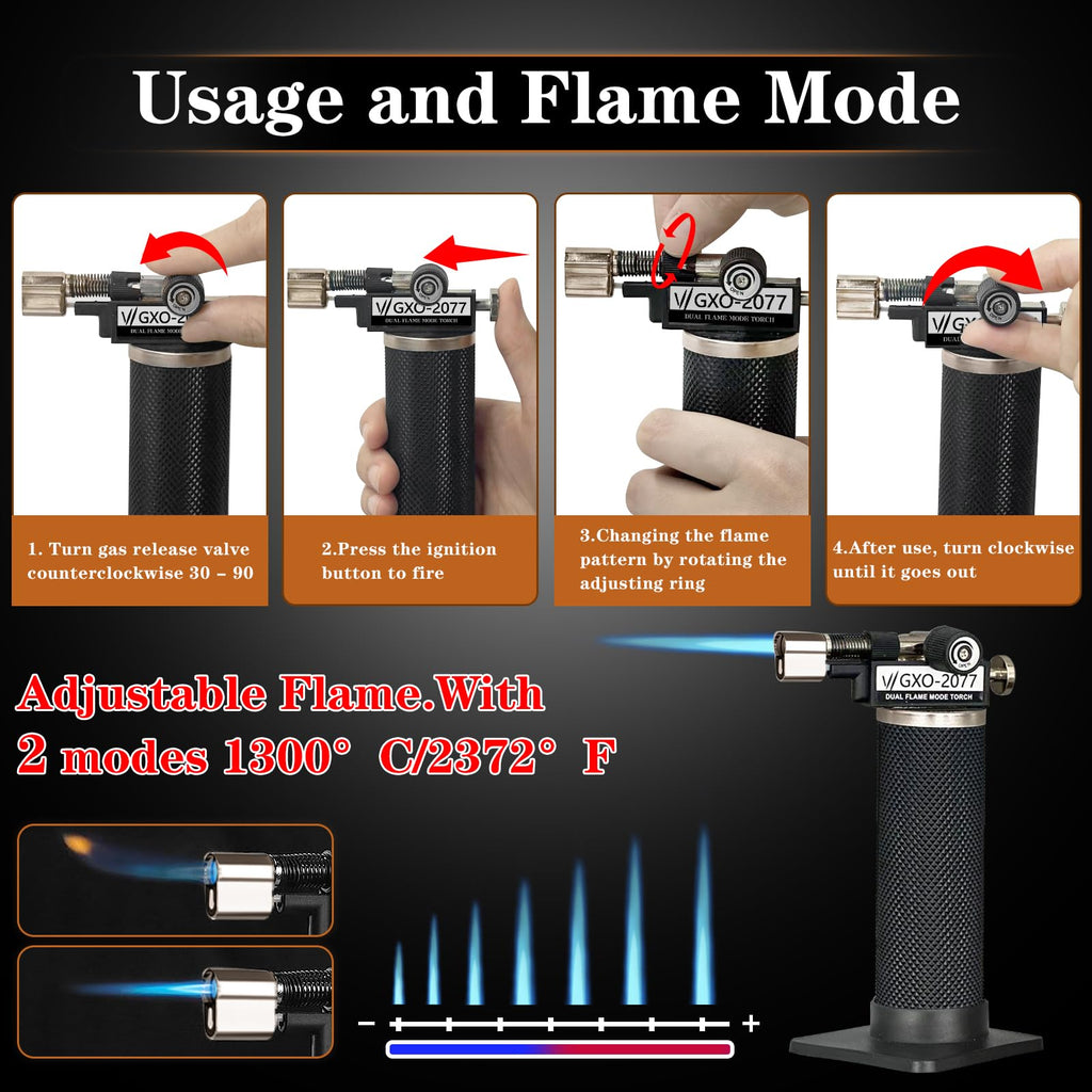 Butane Torch Lighter, Dual Flame Mode, Refillable, Adjustable Flame