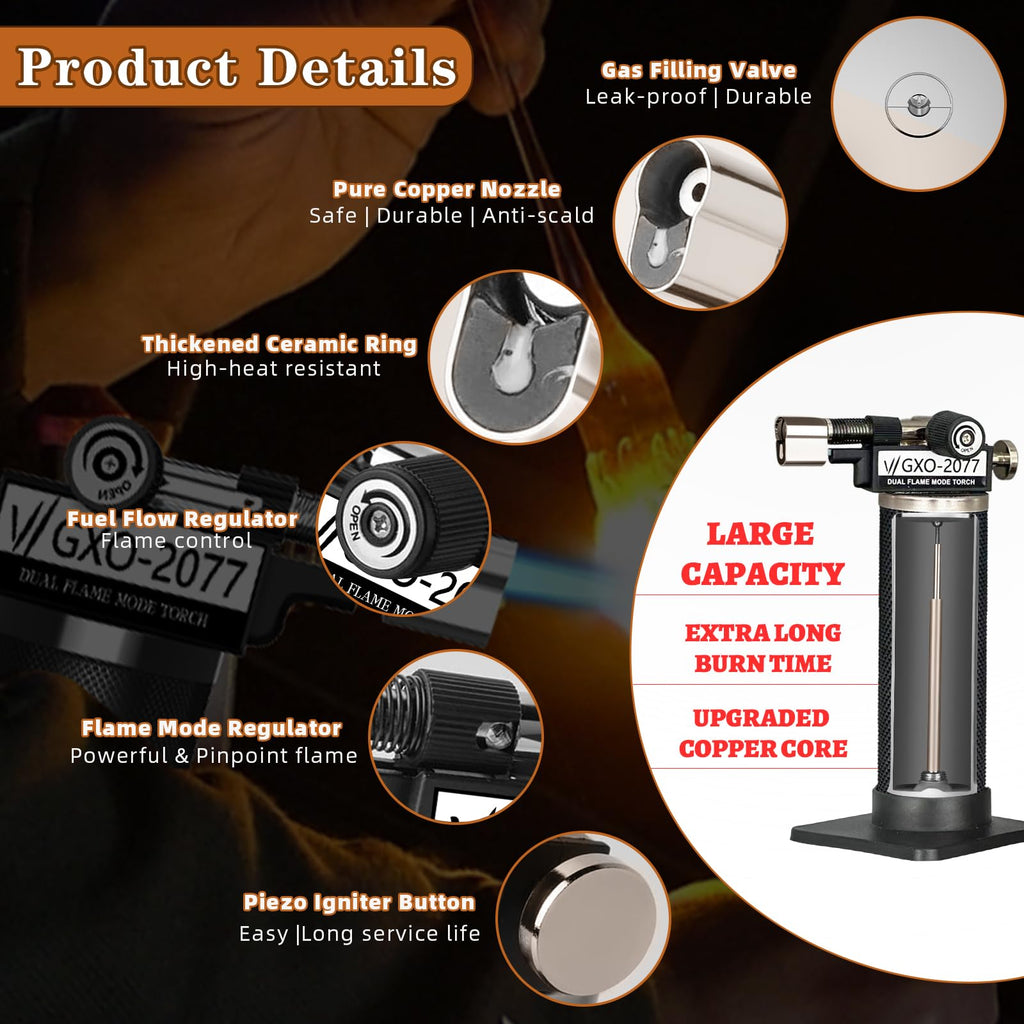 Butane Torch Lighter, Dual Flame Mode, Refillable, Adjustable Flame