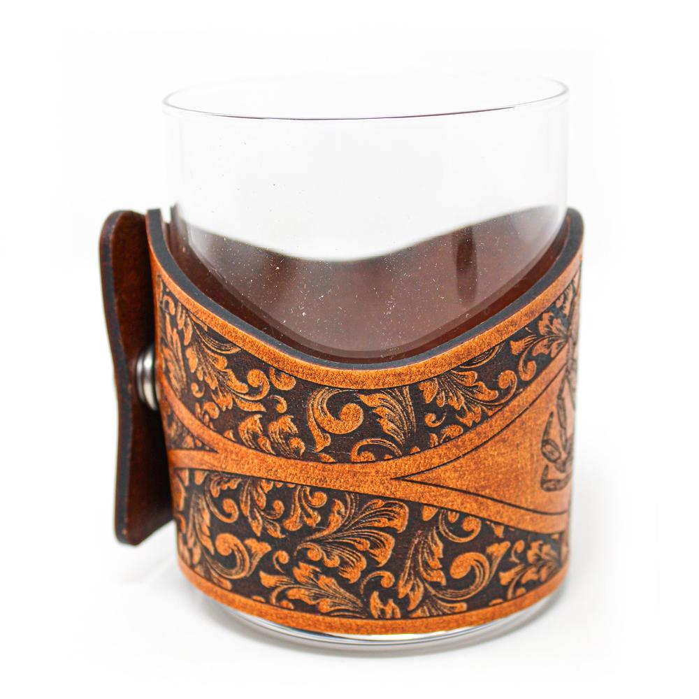 Whiskey Glass Leather Wrap - Blue Crab Rocks Glass