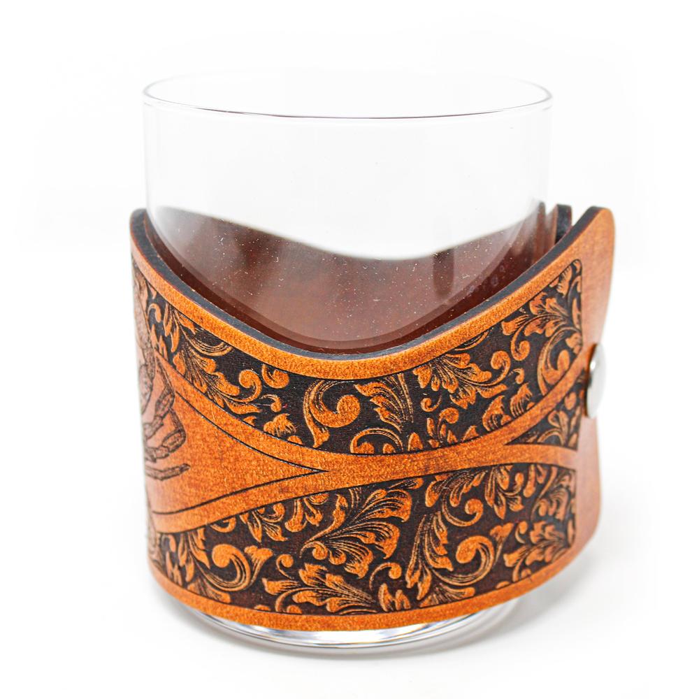 Whiskey Glass Leather Wrap - Blue Crab Rocks Glass