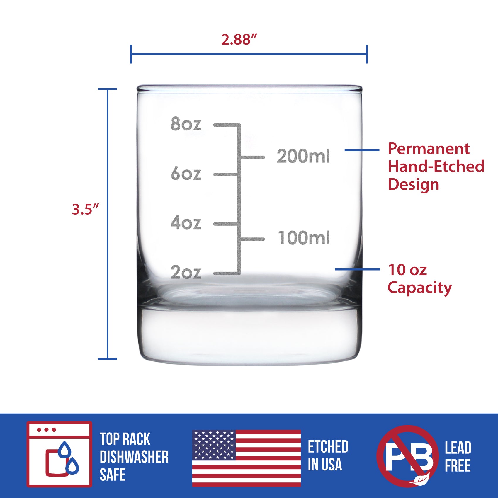 Cocktail Measuring Cup - Whiskey Rocks Glass - Engraved Measurement Lines for Bartender & Portion Control - Ounces and Metric - 10.25 oz Glasses