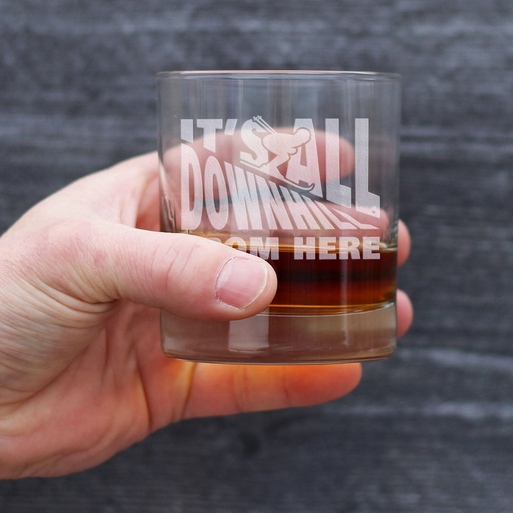 It's All Downhill From Here - Whiskey Rocks Glass - Unique Skiing Themed Decor and Gifts for Mountain Lovers - 10.25 Oz Glasses
