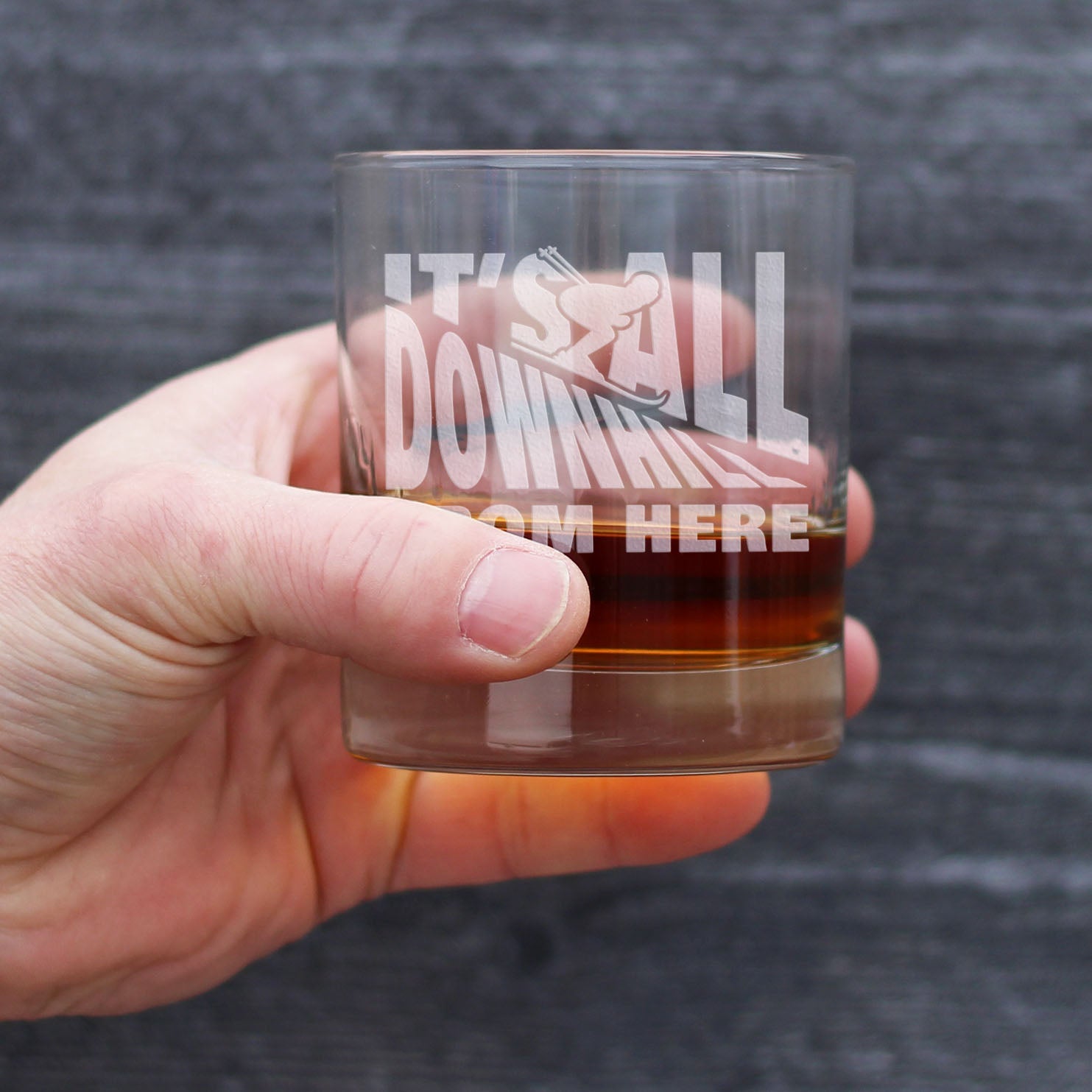 It's All Downhill From Here - Whiskey Rocks Glass - Unique Skiing Themed Decor and Gifts for Mountain Lovers - 10.25 Oz Glasses